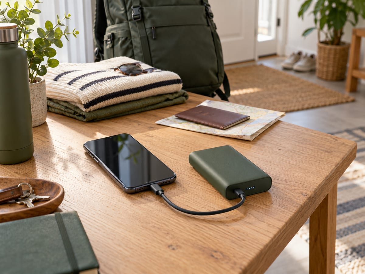 Batterie externe compacte rechargeant un téléphone près d’un sac à dos préparé pour un voyage