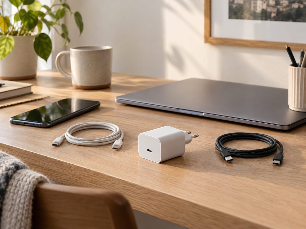 Chargeur USB-C compact posé sur un bureau avec un téléphone, un ordinateur portable et deux câbles