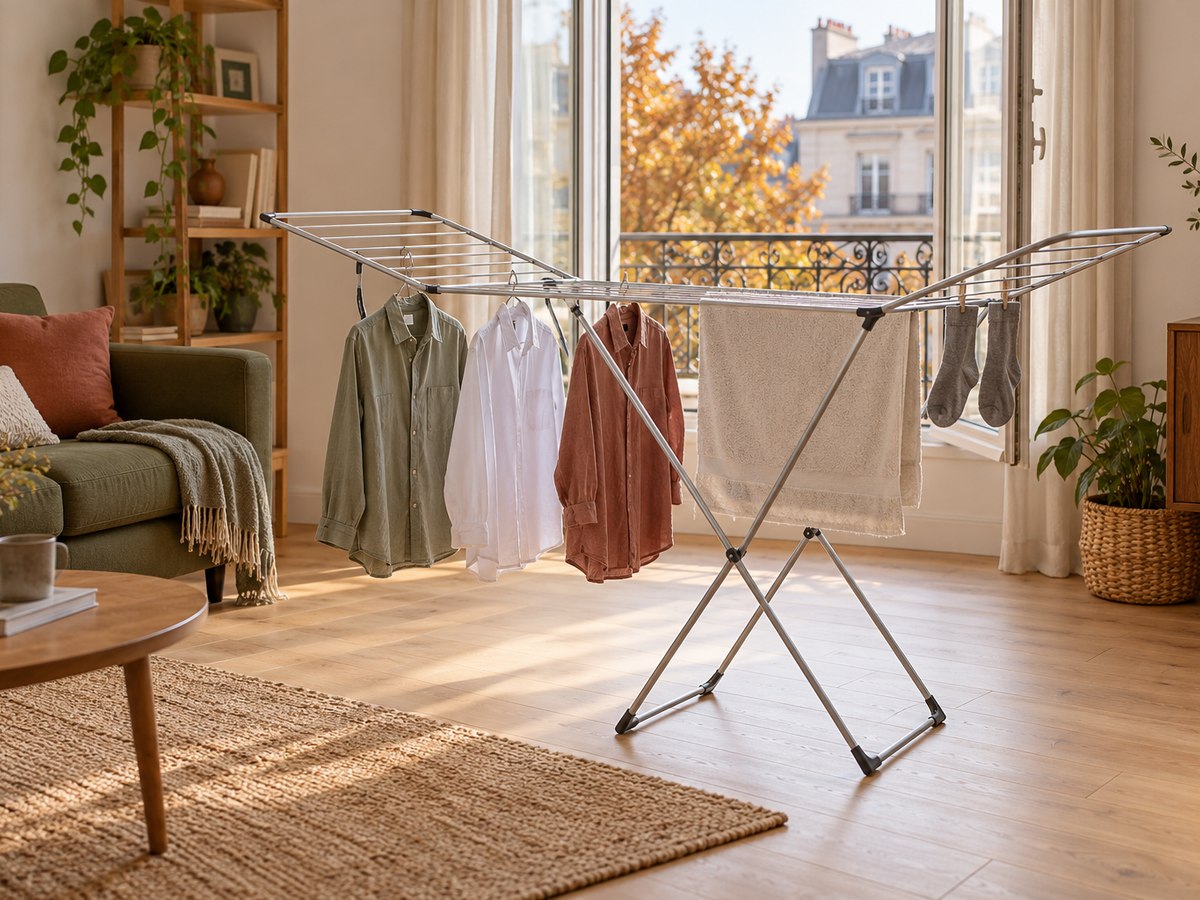 Illustration générée par IA : étendoir pliant portant des chemises et une serviette dans un salon, près d’une fenêtre entrouverte