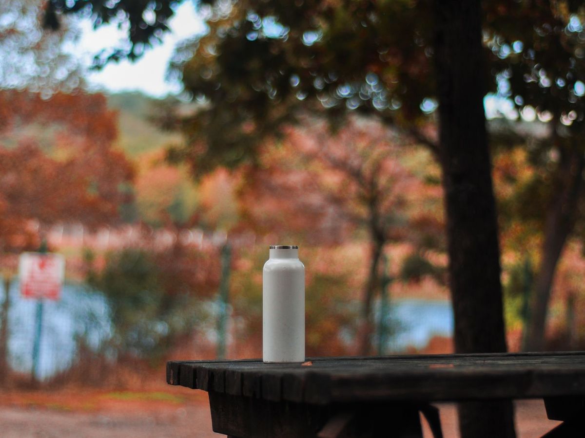 Gourde en inox posée sur une table en automne