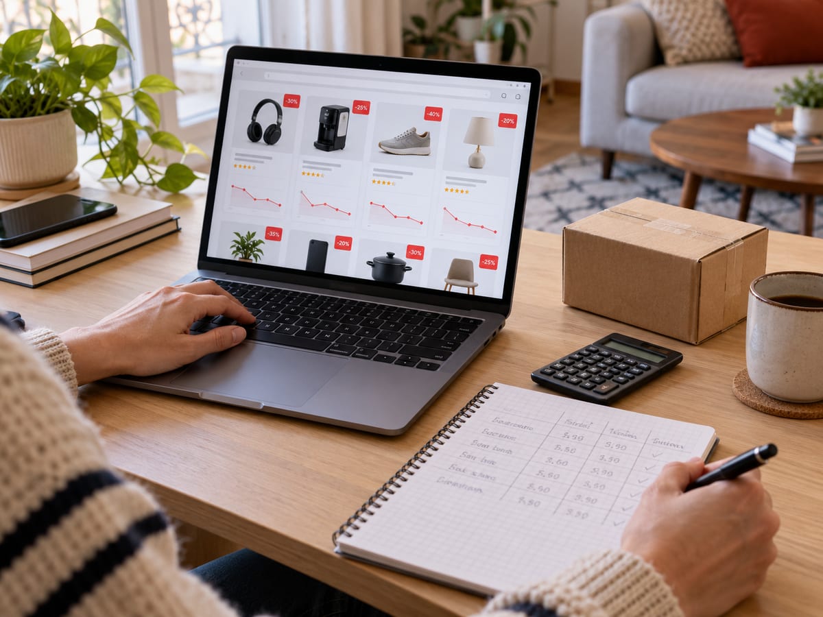 Personne comparant des promotions en ligne sur un ordinateur avec un carnet et une calculatrice